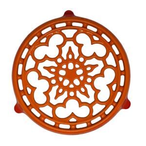 Vintage Flame Orange Enameled Cast Iron 9” Round Trivet Architectural Design
